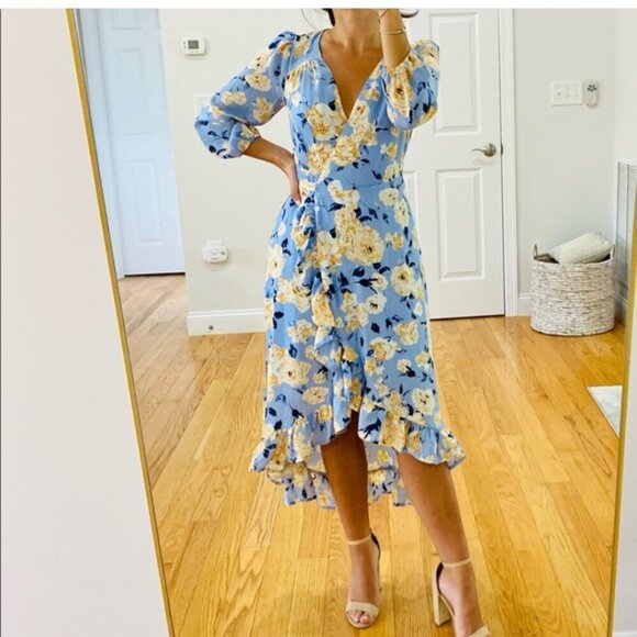 MI AMI Floral Wrap Dress Garden Flowy Feminine Ruffles Puff Sleeve Size Small - Picture 1 of 9